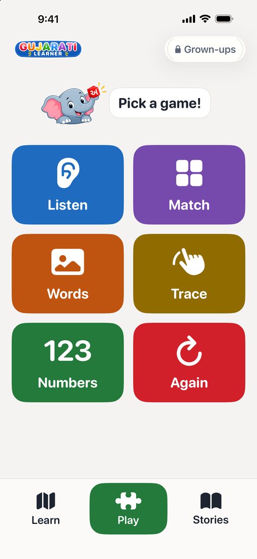 Kids mode Play screen: Akshar the elephant says Pick a game above big buttons for Listen, Match, Words, Trace, Numbers and Again, with Learn, Play and Stories tabs