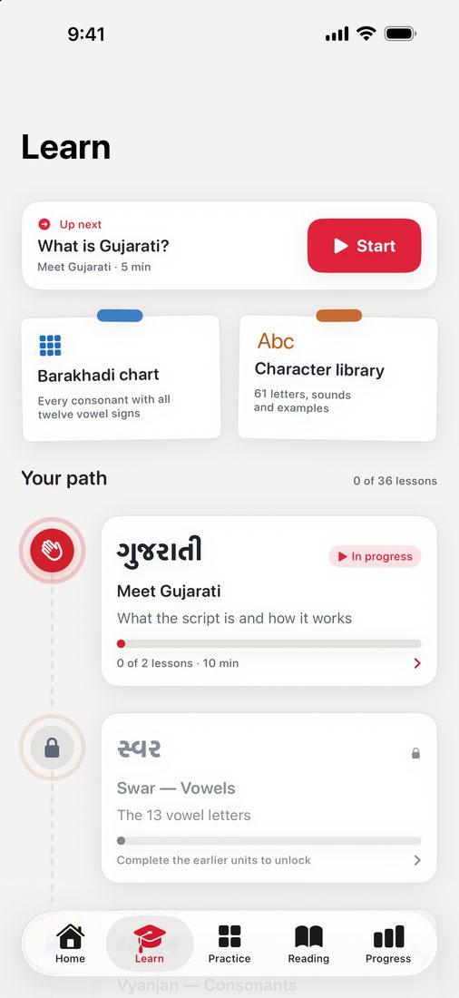 Learn screen with an Up next card, Barakhadi chart and Character library shortcuts, and the unit path starting with Meet Gujarati