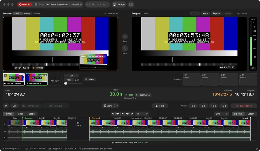 Hindsight Replay 0.3.5 timeline after a 3.0 second section is removed. A scissors marker reads −3.0 s and the status line says the delay is now 27.0 s.