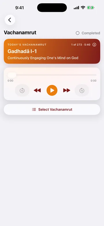 Nitya Niyams on iPhone: the Today’s Vachanamrut card for Gadhada I-1, Continuously Engaging One’s Mind on God, 1 of 273, with a download button, a player and a Select Vachanamrut button.