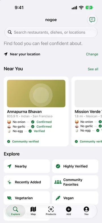 nogoe Explore tab on iPhone: a search field, Near You cards for two sample places that list no onion, no garlic and no egg with Community verified badges, and shortcuts for Nearby, Highly Verified, Recently Added, Community Favorites, Vegetarian and Vegan.