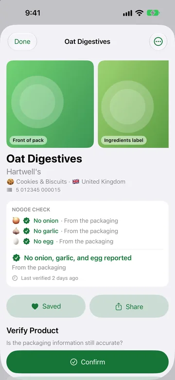 The nogoe Check for a sample packet of oat digestives, with placeholder front-of-pack and ingredients-label images and no onion, no garlic and no egg each marked From the packaging, last verified 2 days ago.