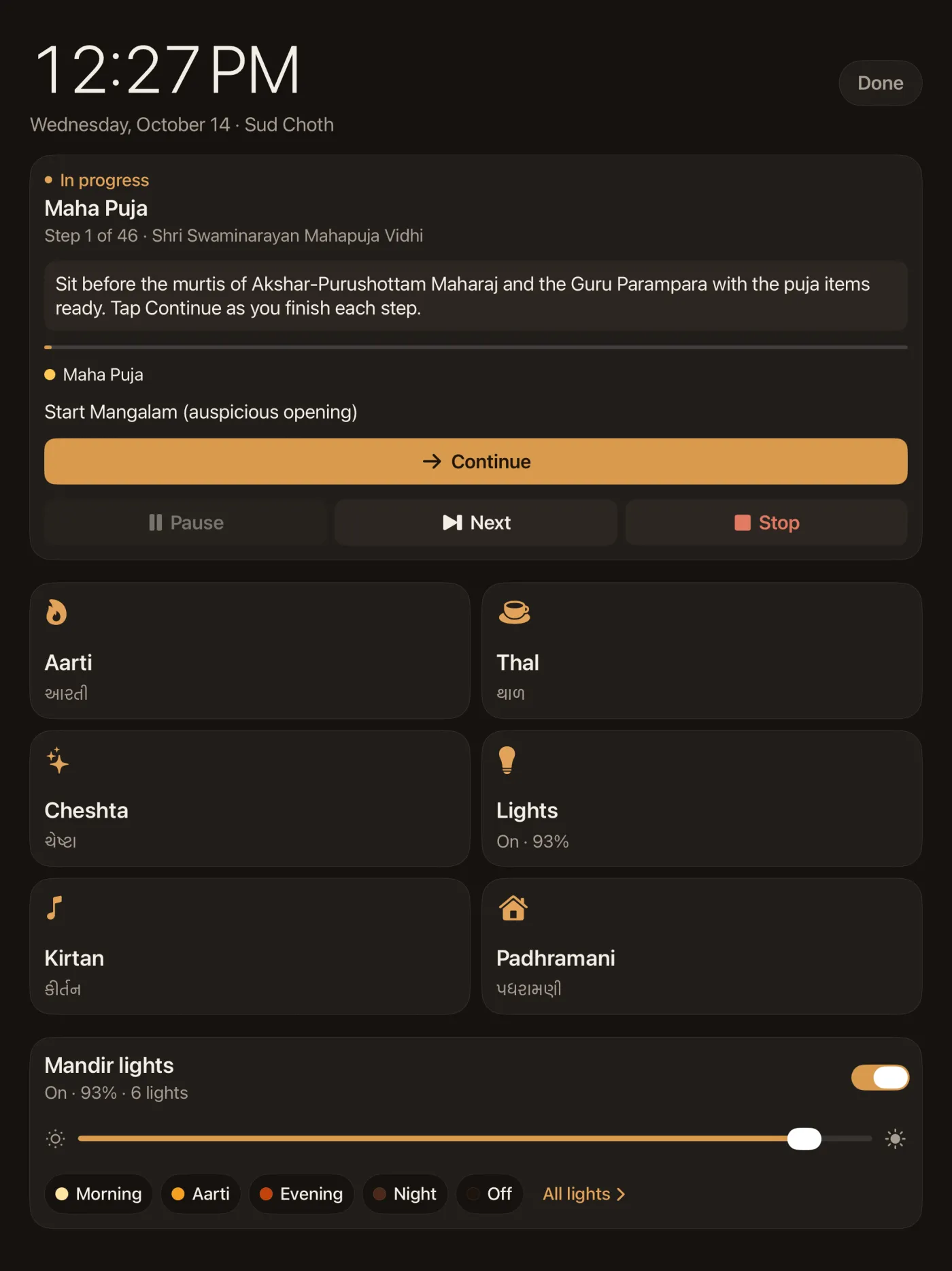 Mandir Control Mode on iPad: a large clock, the Maha Puja in progress with Continue, buttons for Aarti, Thal, Cheshta, Lights, Kirtan and Padhramani, and the mandir lights
