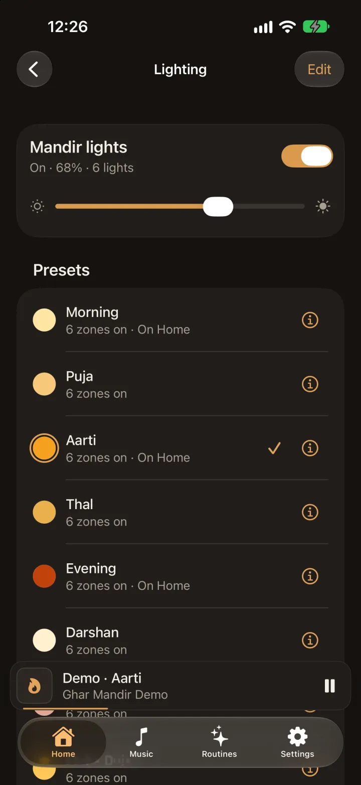 Ghar Mandir's Lighting screen on iPhone: a switch and brightness slider for the mandir lights, and presets for Morning, Puja, Aarti, Thal, Evening and Darshan