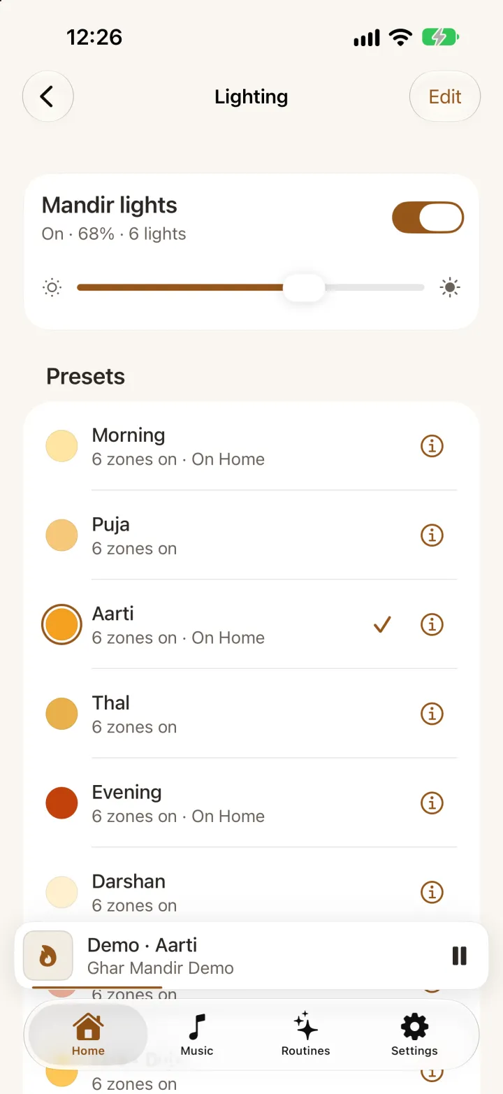 Ghar Mandir's Lighting screen on iPhone: a switch and brightness slider for the mandir lights, and presets for Morning, Puja, Aarti, Thal, Evening and Darshan