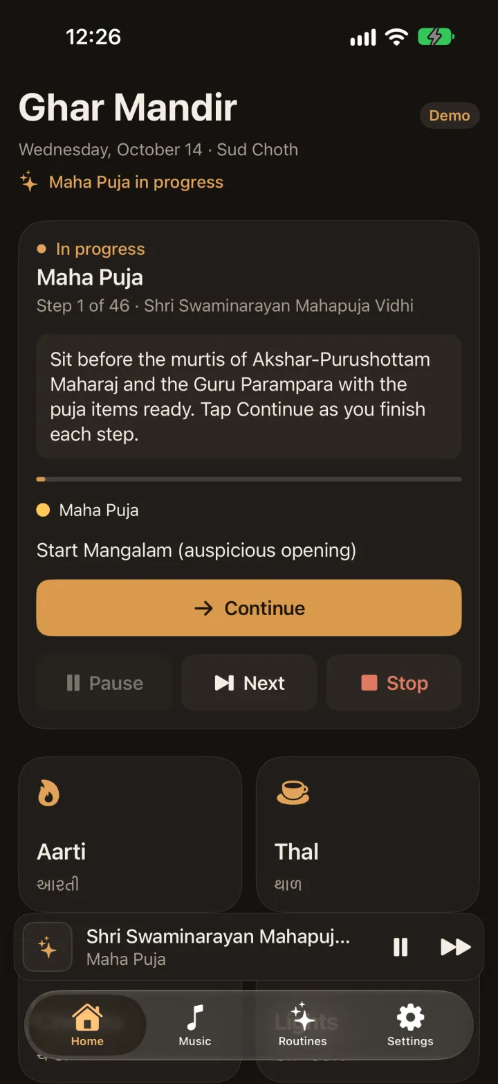 Maha Puja running on iPhone: step 1 of 46 with its instructions and a Continue button
