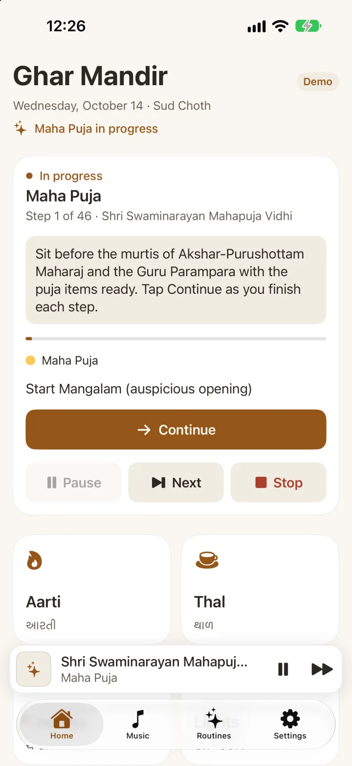 Maha Puja running on iPhone: step 1 of 46 with its instructions and a Continue button