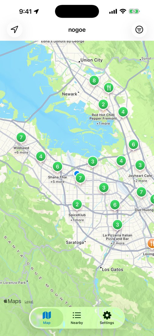 nogoe map screen with restaurant pins