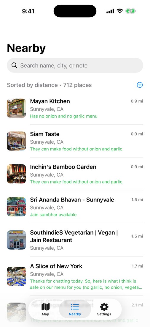 Nearby list sorted by distance with community notes